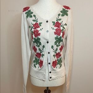 Sundance Embroidered Rose Cotton Cardigan Sweater Small